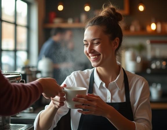 A friendly barista carefully pouring coffee for a customer, creating a welcoming atmosphere at Cedar & Sip.