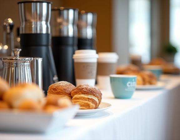 Professional coffee catering setup with coffee dispensers, cups, and pastries ready for an event